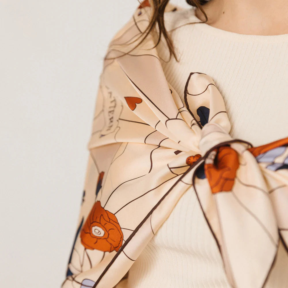 "Camellia" Silk Pocket Square & Large Silk Scarf Set -Khaki