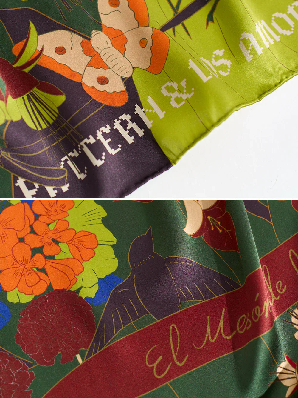 FRIDA X LOST PATTERN "Los Amores De Frida" Silk Pocket Square & Large Silk Scarf Set - Dark Green