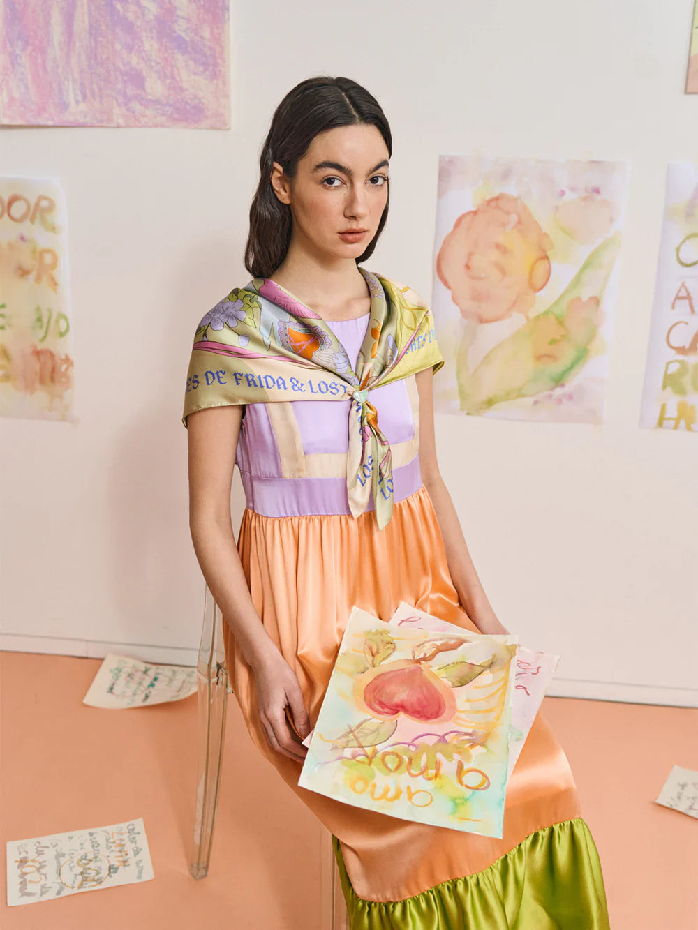 FRIDA X LOST PATTERN "Los Amores De Frida" Silk Pocket Square & Large Silk Scarf Set - Pastel