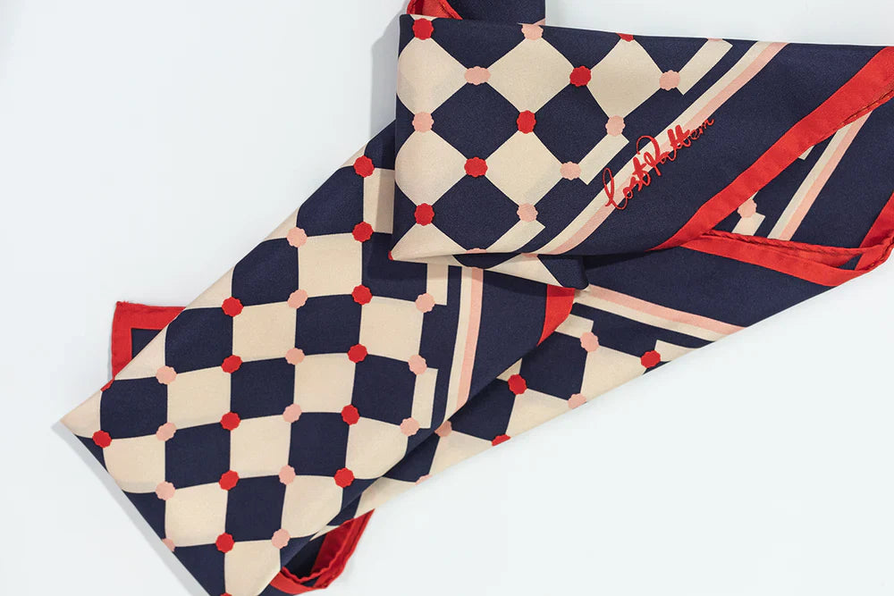 "Checkerboard" Silk Pocket Square & Silk Bandana Scarf Set - Blue