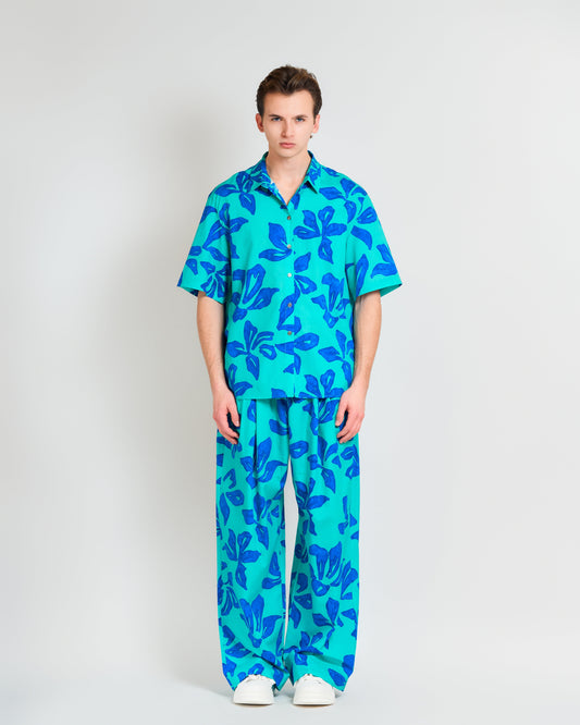 “Tropical Bliss” Wide-Leg Palazzo Pants - Ocean Blue