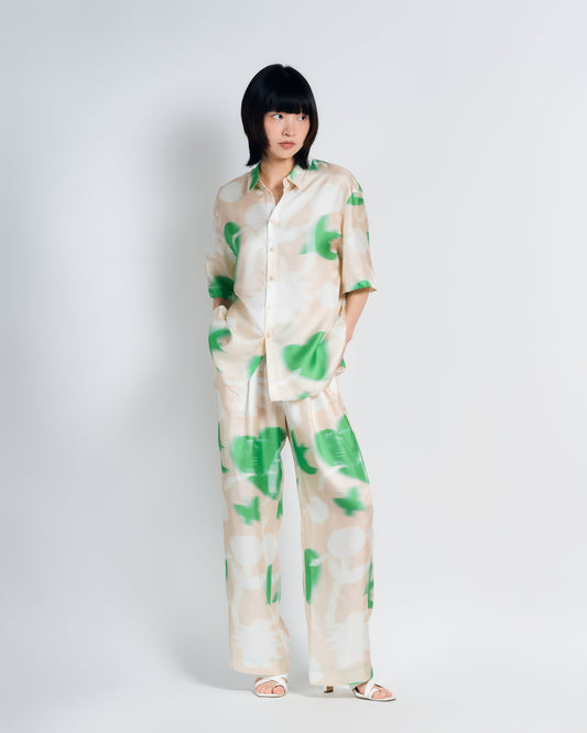 "Frida's Dream " Oversized Silk Hawaii Shirt - Green & Cream