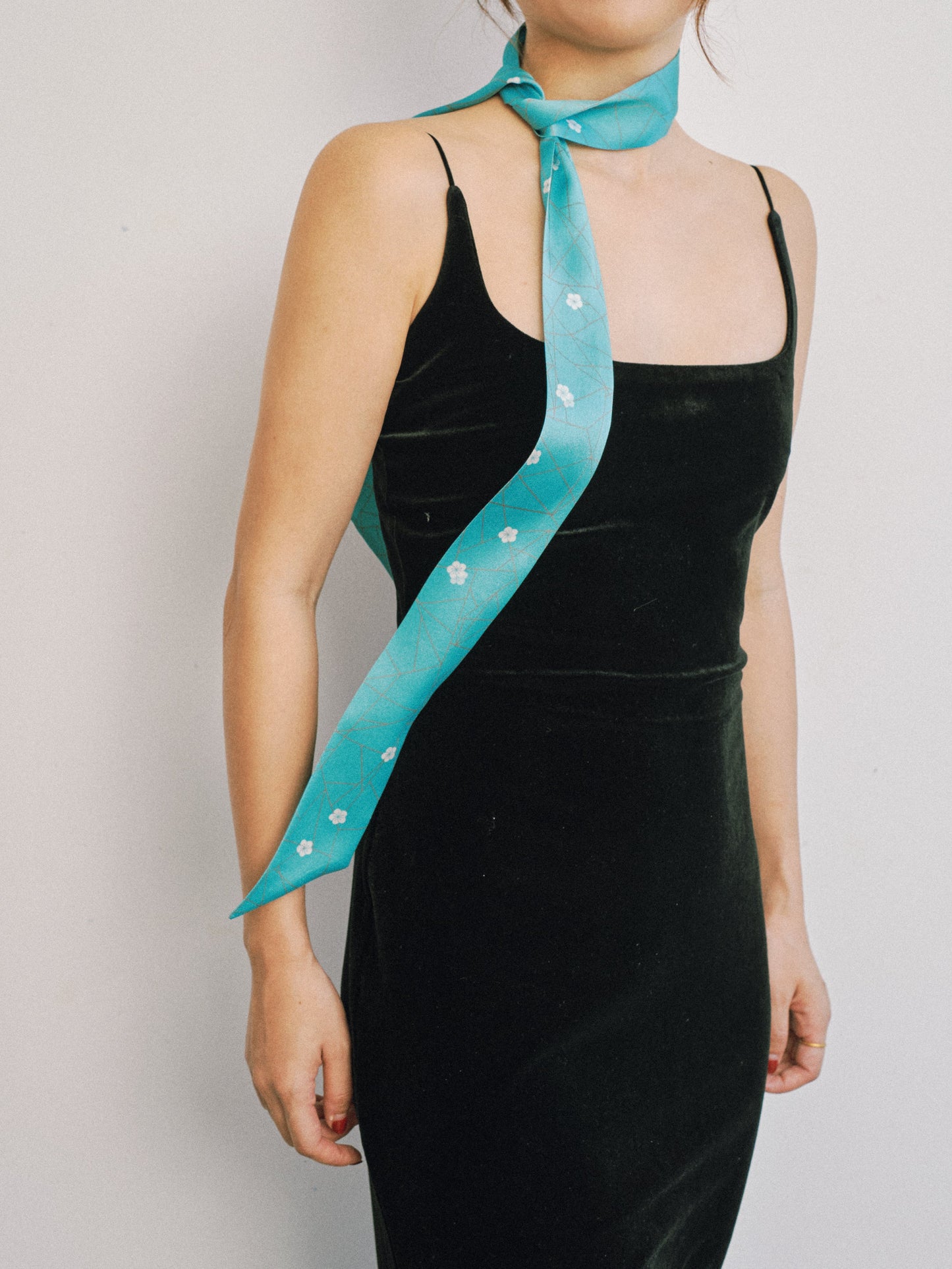 "Almond Blossom" Silk Skinny Scarf - Turquoise