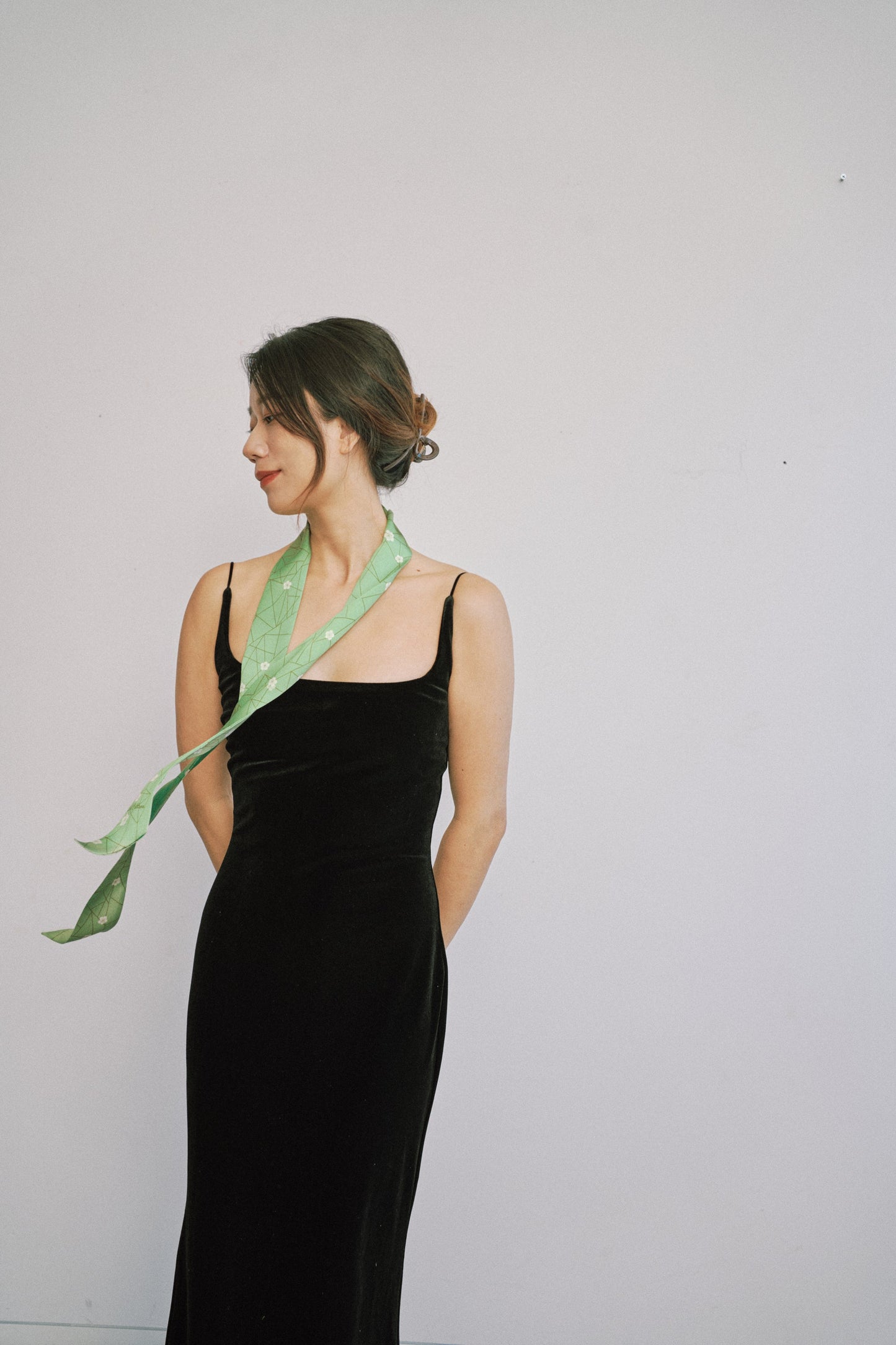 "Almond Blossom" Silk Skinny Scarf - Matcha