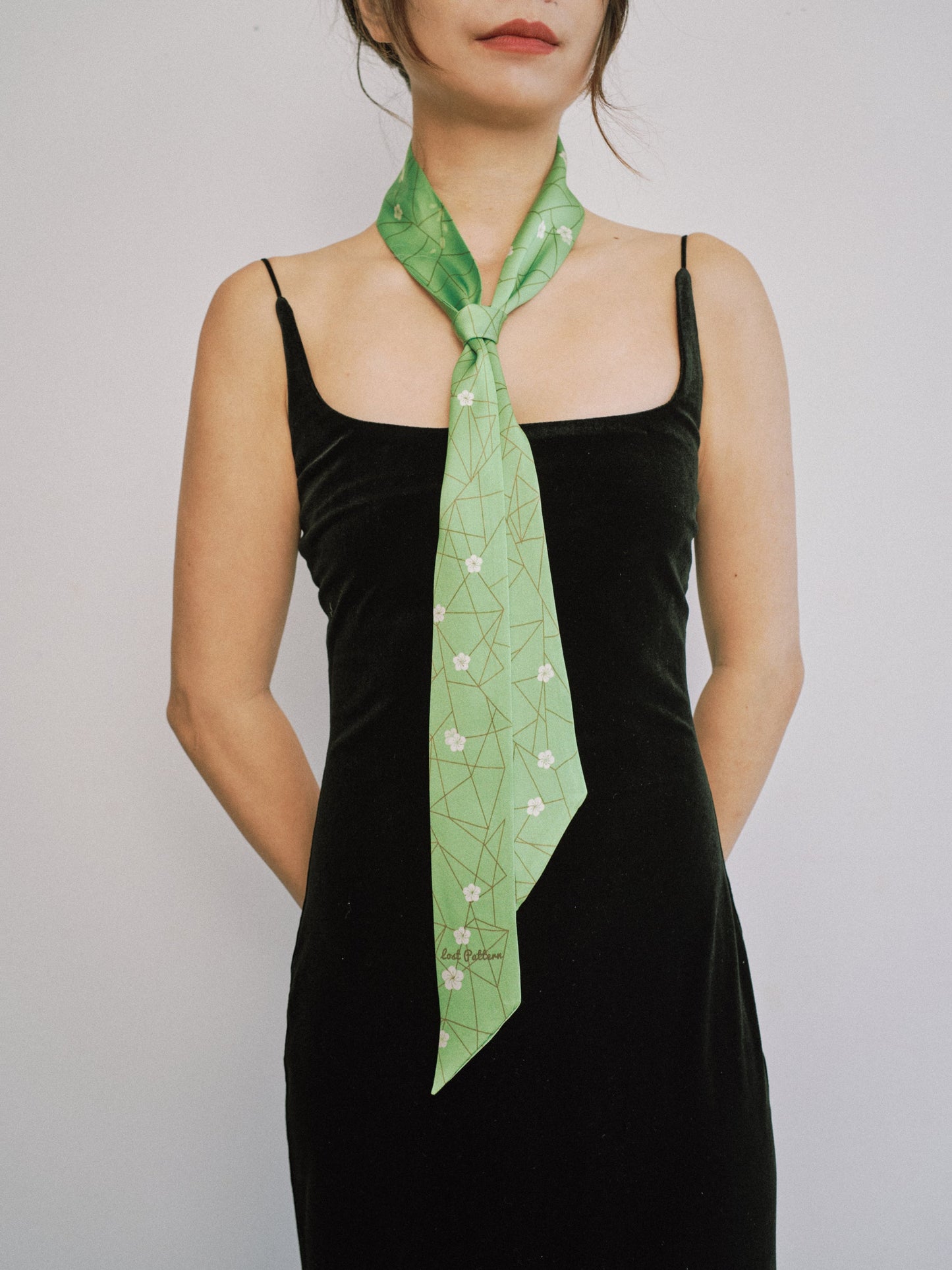 "Almond Blossom" Silk Skinny Scarf - Matcha