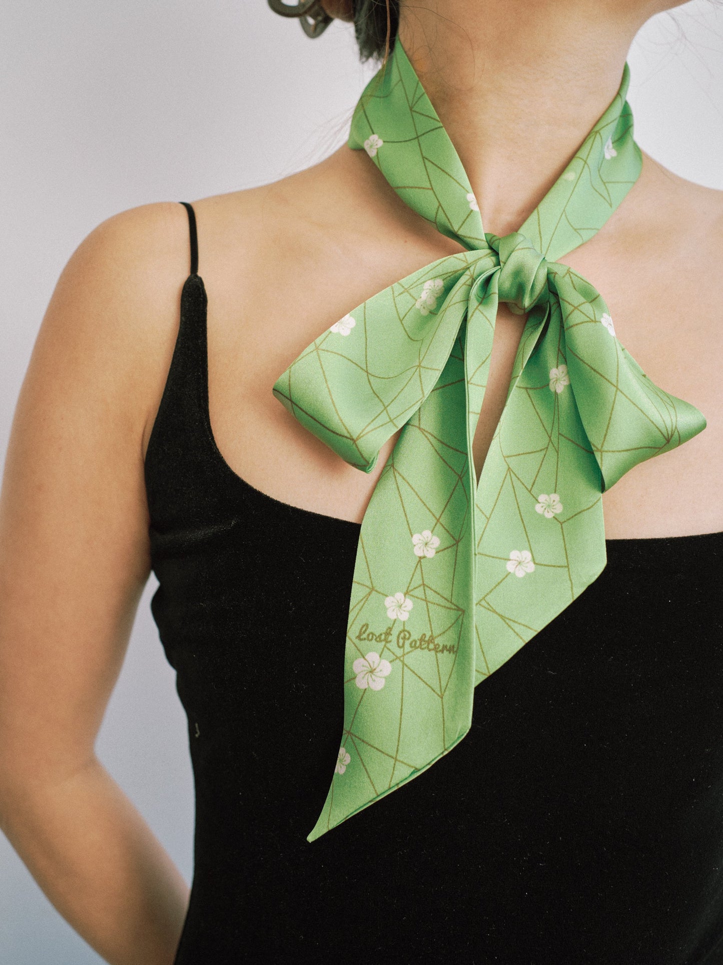 "Almond Blossom" Silk Skinny Scarf - Matcha